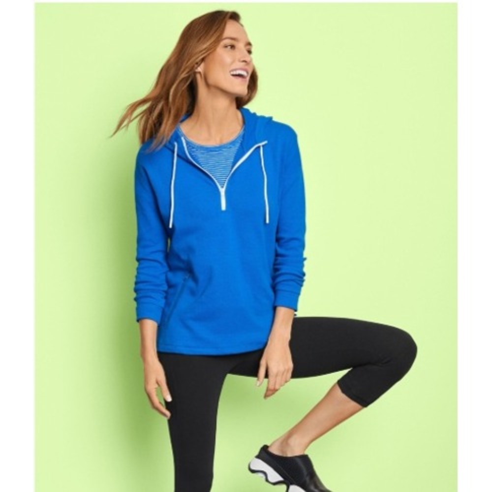 T by Talbots Waffle Knit Quarter Zip Pullover Hoodie Women Sz M Blue Loungewear